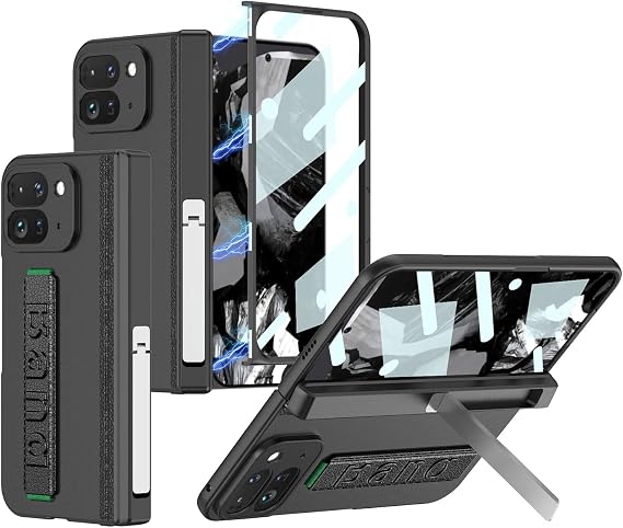 Google Pixel 9 Pro Fold 5G 2024 ケース メタルキックスタンド&ヒンジ保護付き、フルボディケース内蔵スクリーンプロテクター、Google Pixel 9 Proフォールド/ピクセルフォールド耐衝撃ケースブラック
