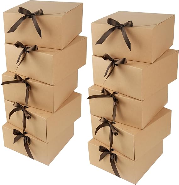 Gift Boxes Brown, 10 Pack 20x20x10cm Large Kraft Gift Box with Lid, Bridesmaid Proposal Box for Wedding Birthday Festival Christmas Party Present Packaging