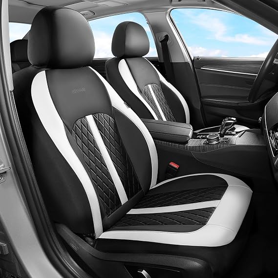 Coverado ユニバーサルレザーシートカバー フロントシート、SUV、ピックアップトラック、セダン、自動車内装用フロントシートカバー 防水で耐久性のある全天候プロテクター、ホワイト&ブラック