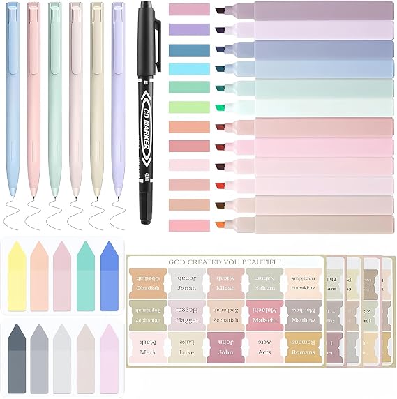 Bible Study Supplies for Women, Bible Journaling Kit with 12 No Bleed Highlighters & 6 Bible Pens, Bible Tabs Set and Bible Verse Gifts for Scripture Study