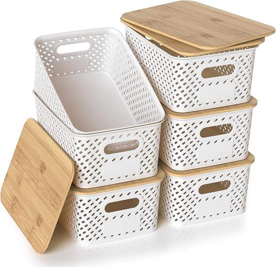 Plastic Storage Baskets With Bamboo Lid, Stackable Plastic Storage Boxes for Organizing Pantry Shelves Drawers Desktop Closet Playroom Classroom Office, 6 Pack (White)