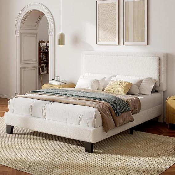 Queen Bed Frame with Adjustable Headboard, Boucle Cloud Platform Bed with Wood Slats, Mattress Foundation, No Box Spring Needed, Easy Assembly, Beige