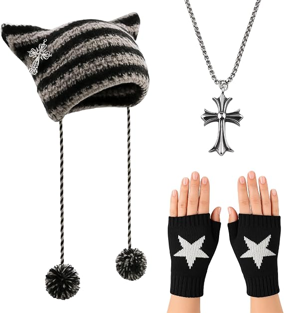 GWAWG Stripes Grunge Beanie,Fingerless Star Printed Gloves,Fox Cat Ear Goth Crochet Knitted Hats for Women,Y2K Accessories