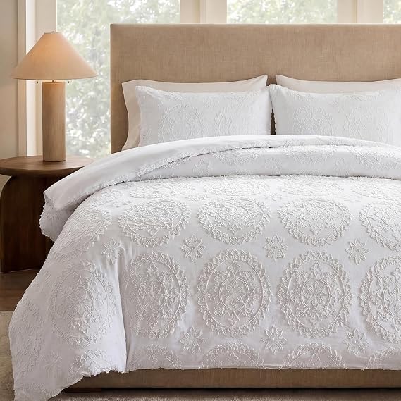 Herside Boho Tufted Duvet Cover Set Super King White Farmhouse Bedding Set Lightweight Circular Tufted Design Vintage Chic Quilt Cover Microfibre Bedding Cover All Season with 2 Pillowcases