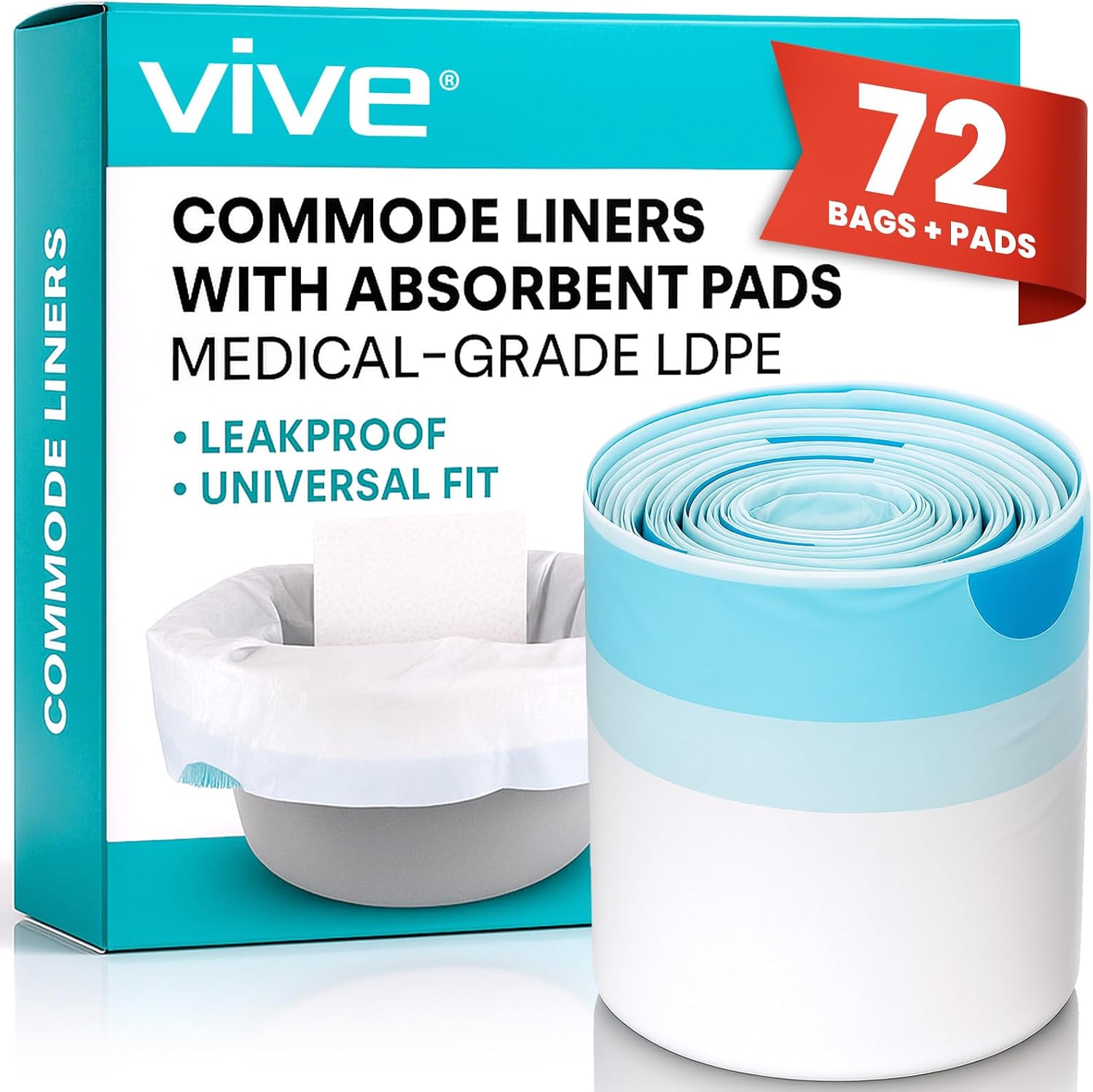Vive Commode Liners with Absorbent Pad - Disposable Replacement Bag - Fits Standard Adult Bariatric Bedside Commode Pail and Folding, Portable Toilet Chair - Absorbing Sheet Aid 72 pack