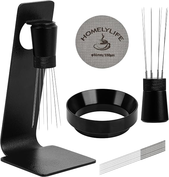 WDT Tools Espresso Pac Screen, 51mm Espresso Accessories Kit - 150μm Puck Screen Set, 0.25mm 316 Stainless Steel 8 Needle Coffee Distributor Mixer, Portafilter Dosing Ring Barista Black