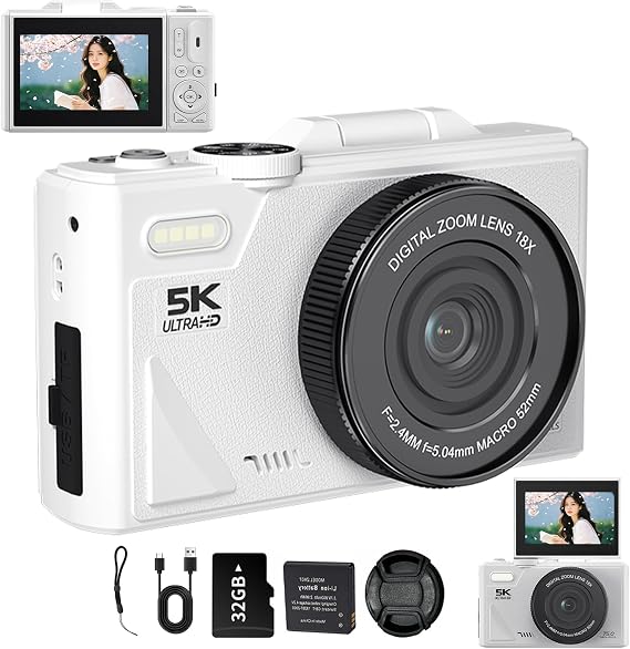 Digital Camera, 5K Recording, Digital Camera, 75 Million Pixels, WiFi Transmission Function, 180° Rotatable Display to Smartphone, 32GB Card Included, 18x Digital Zoom, Auto Focus Function