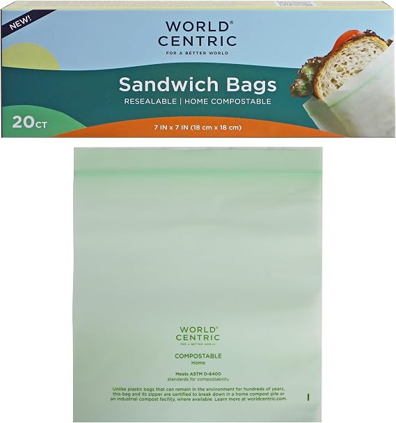 World Centric Compostable Resealable Sandwich Bags, 7" x 7" (Pack of 20), Made from Plants and Minerals, Sustainable, Heat Resistant, Perfect for Lunches & Snacks, PFAS Free