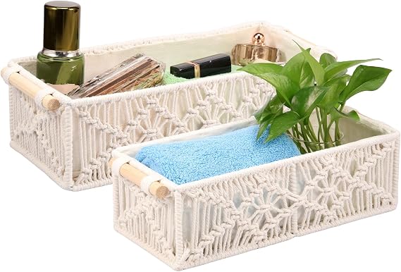 2 Pcs Handmade Woven Macrame Storage Basket Cabinet Organizer Boho Decor Box Decorative Braided Countertop Toilet Tank Shelf Enduring Store Bin for Living Room Bedroom Nursery