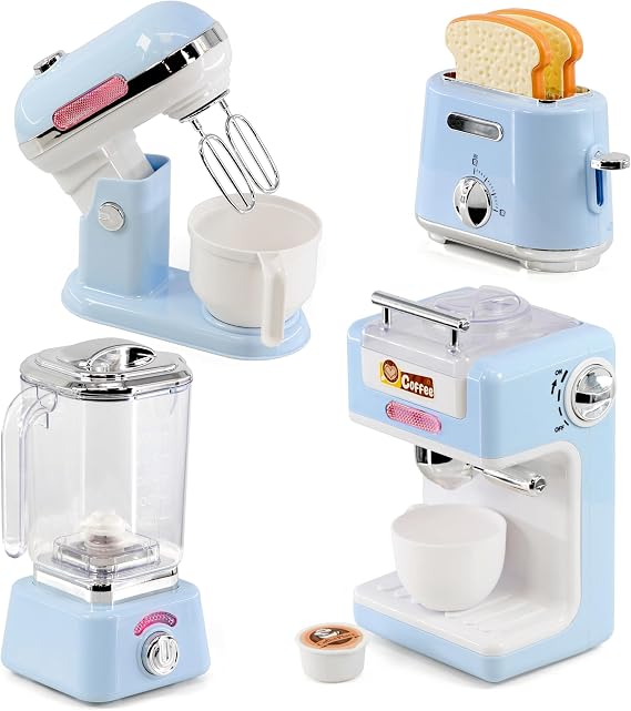 The Magic Toy Shop Kids Kitchen Appliances Set with Lights & Sounds - Working Toaster, Interactive Blender, Coffee Machine & Mixer - Pretend Cooking Accessories for Breakfast Role Play, Ages 3+