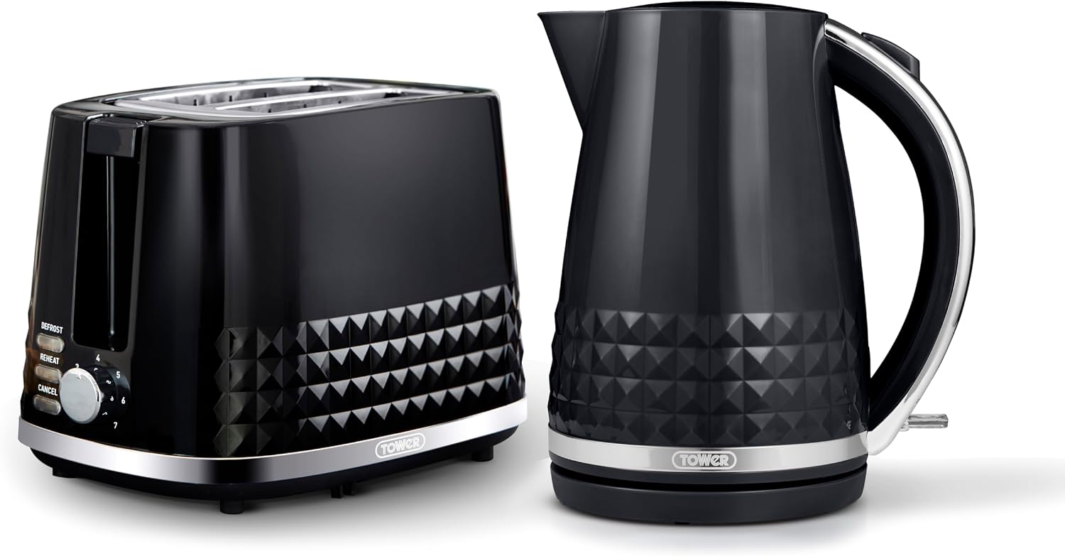 Tower Solitaire Kitchen Set, 1.5L Rapid Boil Kettle & 2 Slice Toaster, Black and Chrome Accents, T10075BLK, T20082BLK