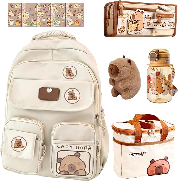 Capybara Backpack For School, Cute Kawaii Preppy Aesthetic Animlal Backpack With Water Bottle Pencil Case Lunch Box Pin And Plush Accessories
