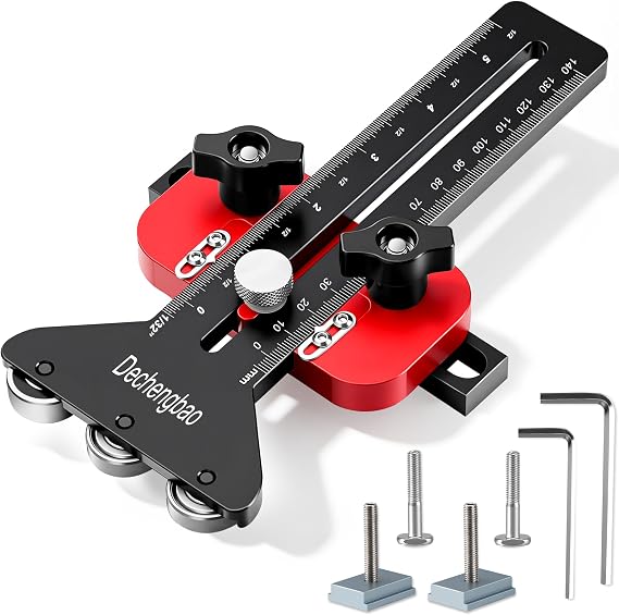 DechengbaoThin Rip Table Saw Jig, 3-Roller Thin Rip Guide for Repetitive Narrow Strip Cuts, Fits 3/8" x 3/4" Miter Slots & 1/4" x 3/8" T-Tracks, Aluminium Alloy with Imperial/Metric Scale