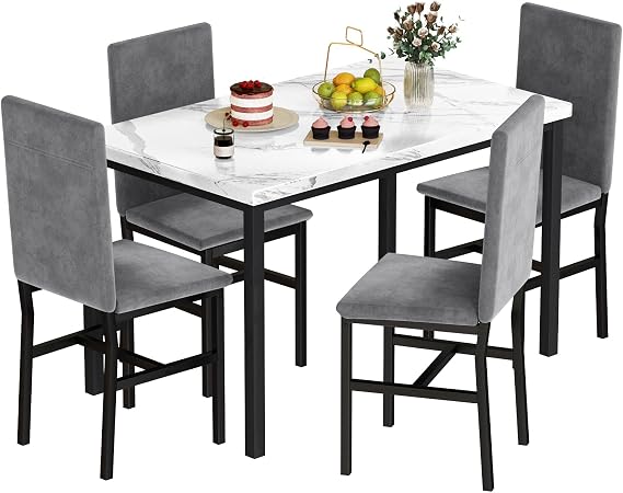HOOSENG Dining Table Set for 4,Faux Marble Kitchen Table and Chairs Set of 4, Modern Dining Room Set for 4,Dinner Table Set with Velvet Chairs, Dining Set for Small Spaces,White & Grey