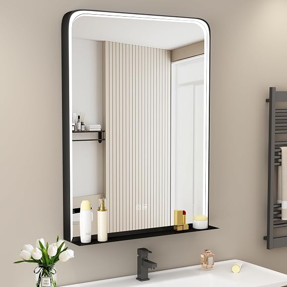STARLEAD 800x600 mm Bathroom-Mirror-With-LED-Lights and Shelf, LED-Bathroom-Mirror with Demister, Dimmable, 3 Light Colours, Memory, IP44, HD Tempered Glass, Black Aluminium Frame