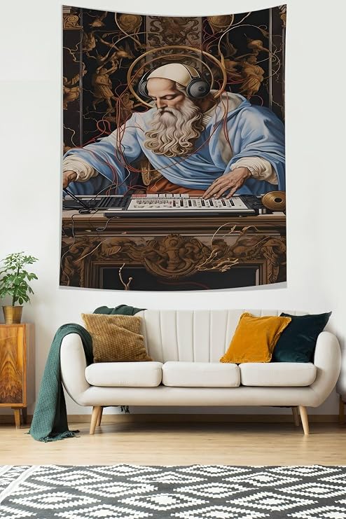 Pelangi Müzik Temalı Dj Desen Leke Tutmaz Kumaş Duvar Örtüsü Duvar Halısı Tapestry PNTR540, 70 x 100