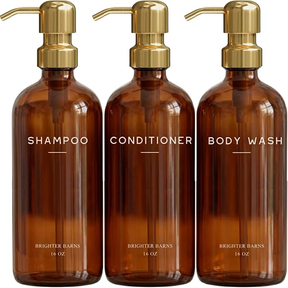 Luxury Shampoo and Conditioner Dispenser Set by Brighter Barns - Empty Shampoo Bottles Refillable with Gold Pump - Plastic Shower Soap Dispenser for Modern Bathroom Decor in Airbnb, Spa (Amber Gold)