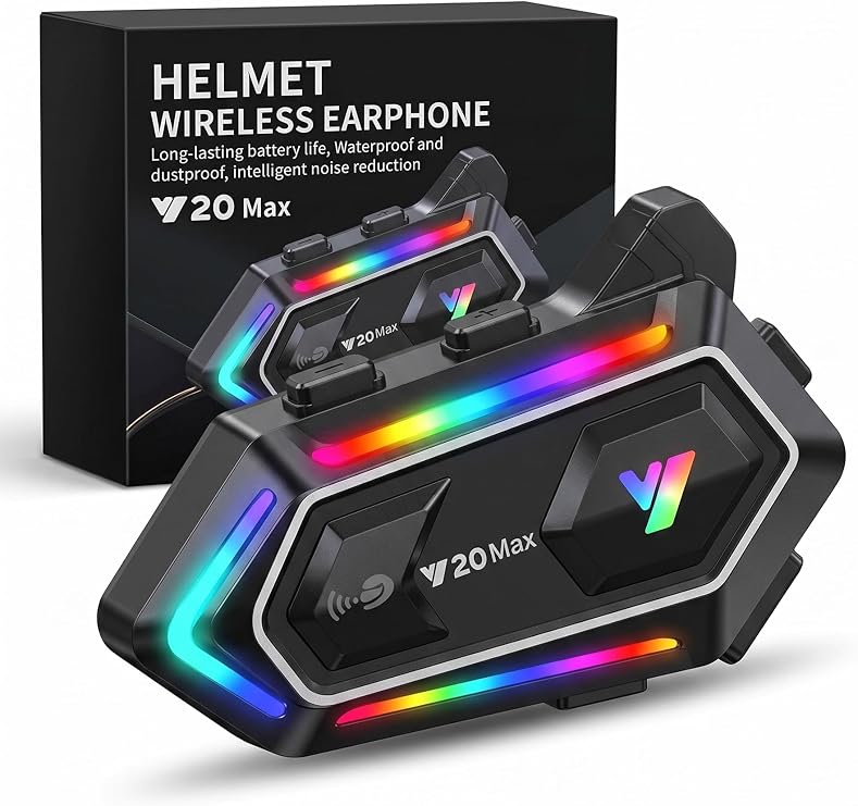 Y20 Max Motosiklet Kask Intercom Seti, IPX6 Su Geçirmez Kask İçi Bluetooth Kulaklık, Akıllı Gürültü Azaltıcı Çift Çekirdek İşlemci, RGB Işıklı & Sert Mikrofonlu, Siyah