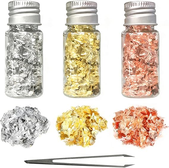 4 Bottles Decorative Foil Flakes Set, Gold Rose Gold And Silver | Includes Tweezers, Foil Flakes For Desserts, Baking, Cakes And Drinks