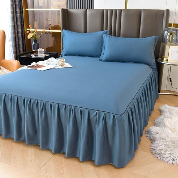 Solid Wrap Around Ruffled Bed Skirts Suitable for Cot/Queen/Double Bed Sizes with 18 Inches Tailored Drop Wrinke Free And Fade Resistant Elastic Bedspread,Blue,120x200cm [Energy Class A]