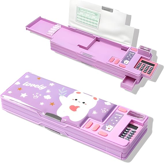 Pop Up Multifunction Pencil Case for Girls Boys, School Supplies with Calculators, Sharpener, Schedule, School Supplies, Best Birthday Gifts for Kids (Purple)