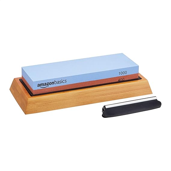 Amazon Basics Double Sided Knife Sharpening Stone 400/1000 Grit with Non-Slip Bamboo Base, Blue and Red, 18 x 6 x 2.8 cm