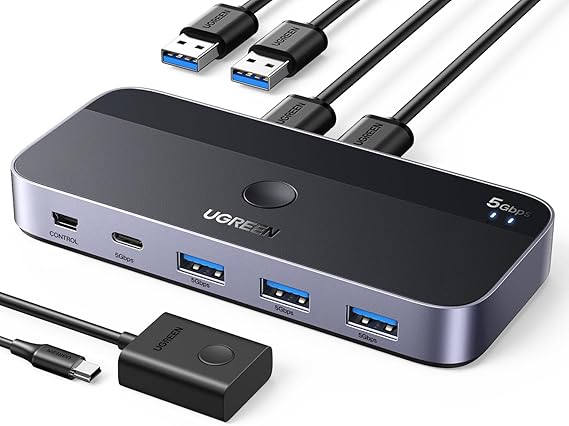 UGREEN USB Anahtarı 2PC 3.0 Switcher C 2'si 4 Çıkışlı, Masaüstü Denetleyicisi KVM 2 A'dan A'ya Kablolu Alüminyum Muhafaza