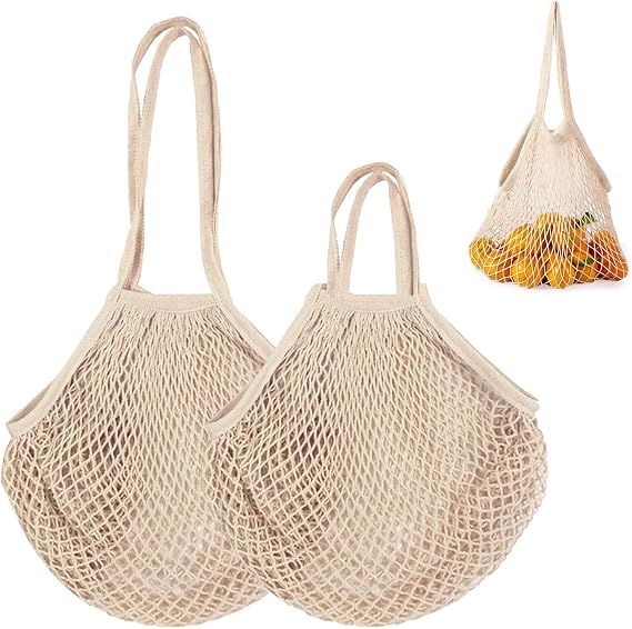 2 Pcs Grocery String Bags,Beige Reusable Cotton String Bag,Portable Eco-Friendly Portable Mesh Produce Bags,Lightweight Grocery Shopping Bag,for Storage Outgoing Travel,Vegetables(2 Sizes)