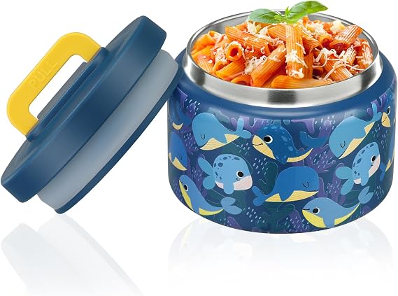 PIQUEBAR 8oz Kids Thermo for Hot Food,Small Lunch Thermo Food Container Stainless Steel,Easy Open Wide Mouth Thermo for Hot Cold Food for Preschool Travel (Blue Whale)