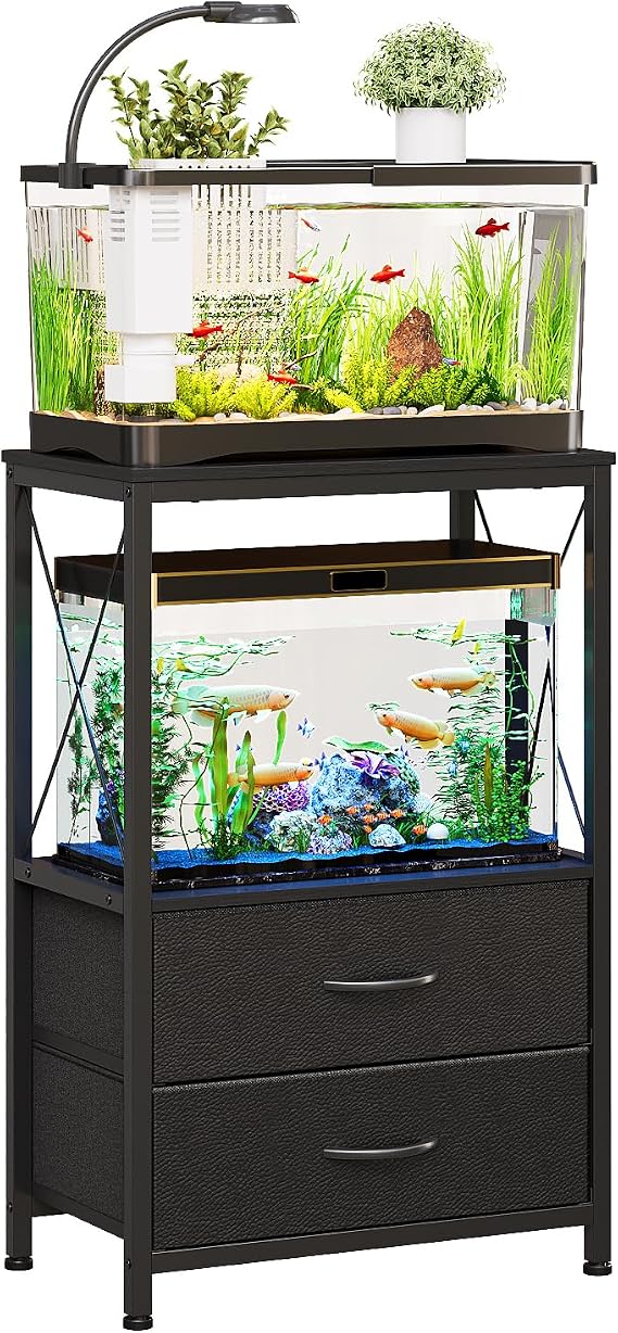 Fish Tank Stand, 10 Gallon Aquarium Stand with Storage Drawers, 2-Tier Reptile Tank Rack with Shelf for Living Room, Home Office, Black