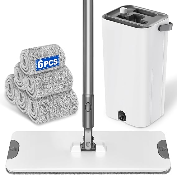 Flat Floor Mop and Bucket Sets: Dusting Mop with 6 Reusable Microfibre pads