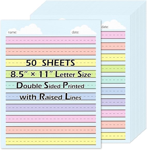 50 Sheets Multi-Color Raised Line Paper for Handwriting Practice, Wide Ruled Kindergarten Writing Paper, Double Sided, 8.5x11 inches