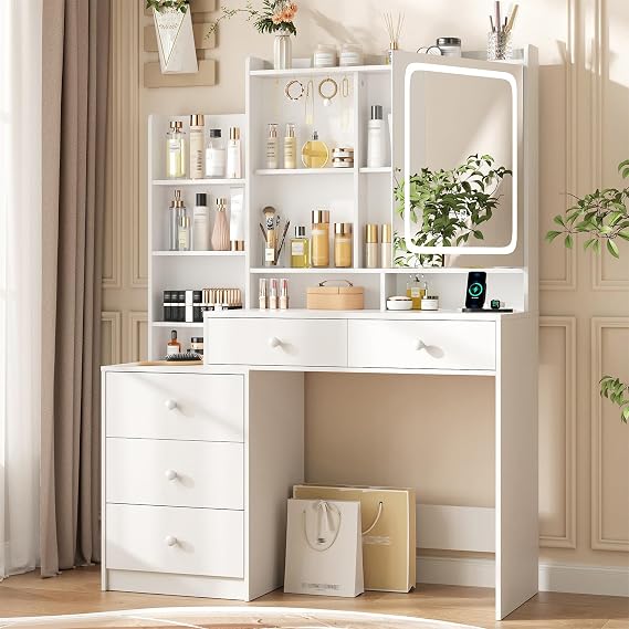 BonVache Dressing Table with Cushioned Stool, Vanity Table with LED Mirror