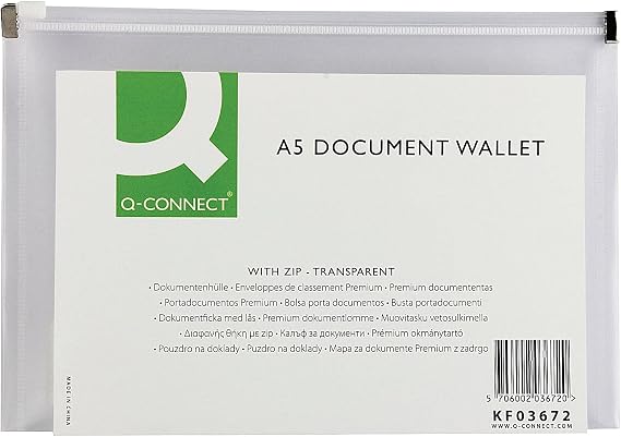 Q-Connect Document Zip Wallet A5 Transparent (Pack of 10)