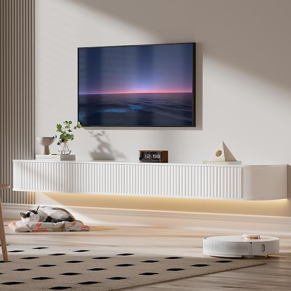 Floating TV Stand Unit with RGB LED Light - 220CM Wall Mounted TV Cabinet with Upgraded Storage & Rounded Edges, Modern TV Media Console for 85-95 Inch TVs