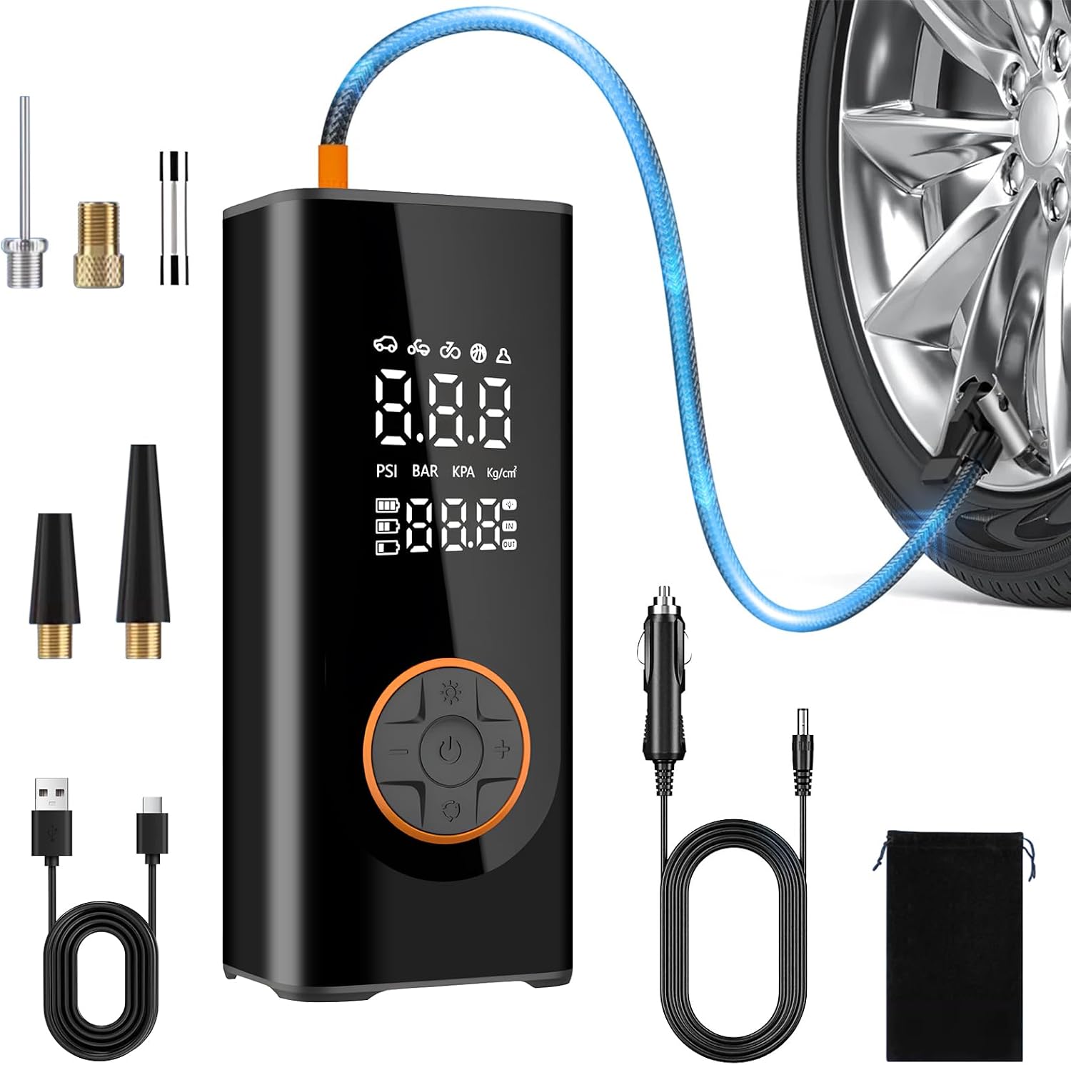 Portable Tyre Pump for Car, Cordless Car Tyre Inflator Air Compressor, Electric Mini Bike Pump with Digital Pressure Gauge 150PSI, Dual Value Display, LED Light, Bike, Motorbike, Ball