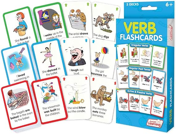 Junior Learning Verb Flashcards | 3 Decks of 54 cards | Topics: Irregular Verbs, Regular Past Tense and Active and Passive Verbs | Ages 6-9+, Year 5-6, Key Stage 2, M