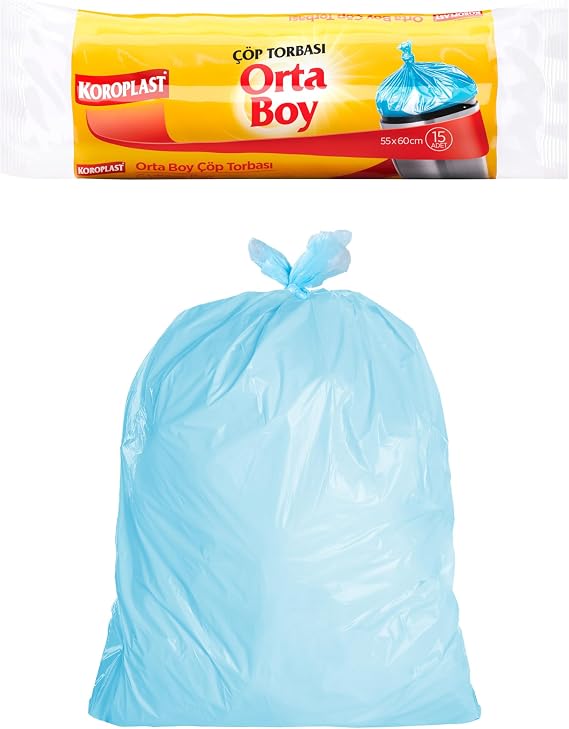 Koroplast Orta Boy Çöp Torbası 15'li 55x60 Cm, Sızdırmaz & Dayanıklı, Çift Katlı, Geri Dönüştürülebilir Orta Boy Çöp Poşeti, Mutfak, Ofis, İlk Yardım Çantası, Okul, Kantin, Market, Bahçe, Balkon
