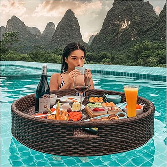 Luxury Floating Serving Tray Pool Tray Table, 60X60X20Cm Rattan Floating Breakfast Tray, Round Coffee Stylish Floating Serving Trays Table Bar, Pool Serving Trays