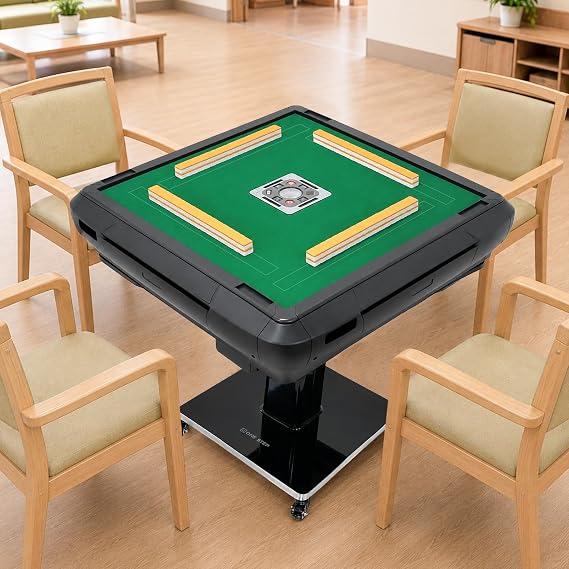 Fully Automatic Mahjong Table, Quiet, For Home Use, With Casters, 3 People, USB Charging, Compact Glass Legs, 1.3 inches 33 mm, Matte Black