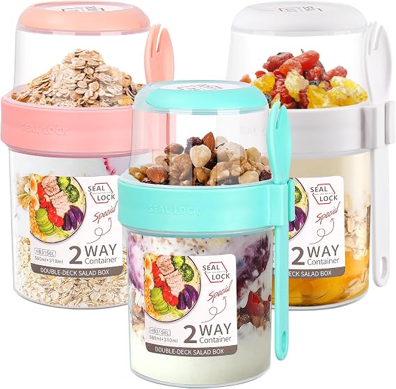 3 PCS 2-Tier Breakfast Cups, 310ml+560ml Yogurt Pots with Lids and Spoon, Reusable Overnight Oats Container, Breakfast Pot To Go Muesli Fruit Salad Jars Split Oat Yogurt Cup Dishwasher Safe