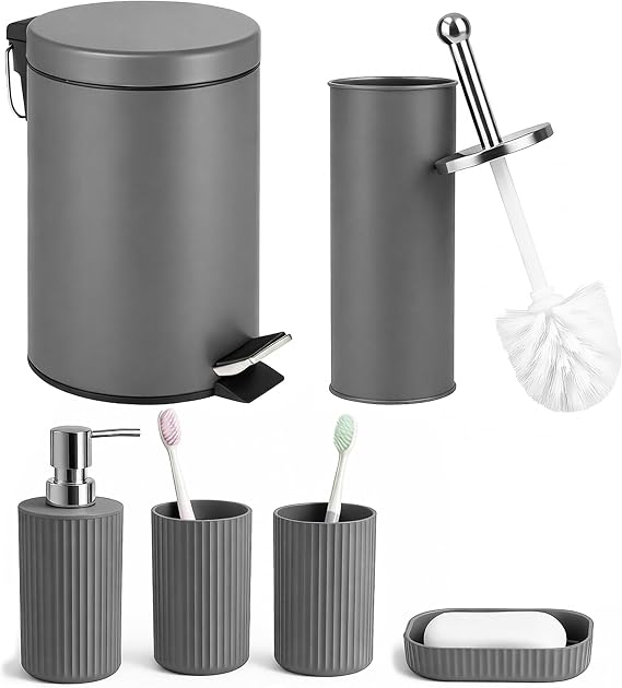 iTrend 6-Piece Matt Grey Bathroom Accessories Set – 3L Pedal Waste Bin, Toilet Brush, Soap Dispenser, Soap Dish & 2 Tumblers