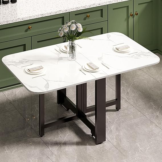 Foldable Dining Table,Extendable Drop Leaf Table with Adjustable Foot Pads Anti Fall Bracket,with Metal Frame, Drop Leaf Tables for Small Spaces, Living Room(White stone pattern,100cm)