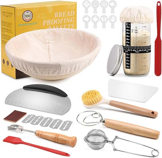 Complete Sourdough Starter Kit, Bread Making Set with Jar & Banneton Basket