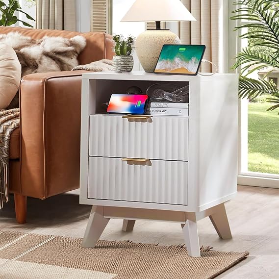Fluted Nightstand - 18" Modern Bedside Table / 2 Drawers, Faux Marble Top, Curved Design for Bedroom & Living Room Storage (White)