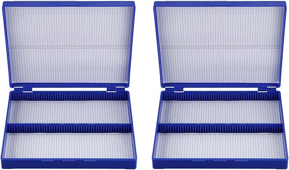 2 Pack Microscope Slide Boxs, 100-Slot Slide-Top Storage Box, Plastic Rectangle Slide Microscope Storage Box