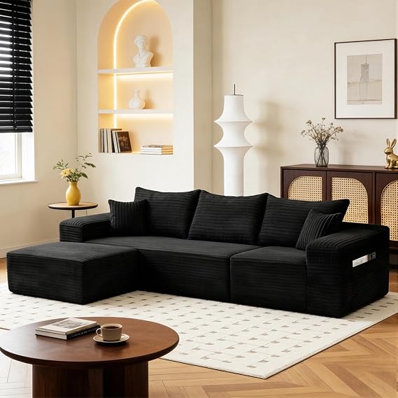 L Shaped Modular Sectional Sofa 267cm Boneless Couches for Living Room 3 Seater Cloud Couch with Left/Right Convertible Lounge Chaise Memory Foam Deep Seat Couch No Assembly Required (Black)