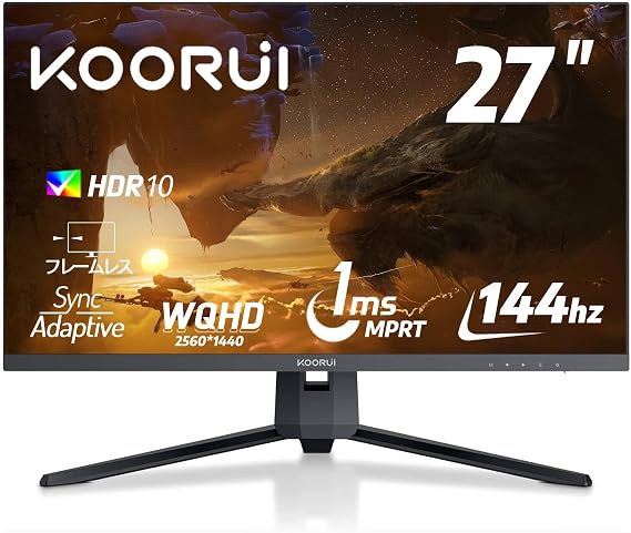 KOORUI 27 Inch Gaming Monitor WQHD 2560 x 1440/VA 144Hz/1ms Tilt Adjustable Gaming Monitor HDMI X2, DisplayPort Display PC Monitor