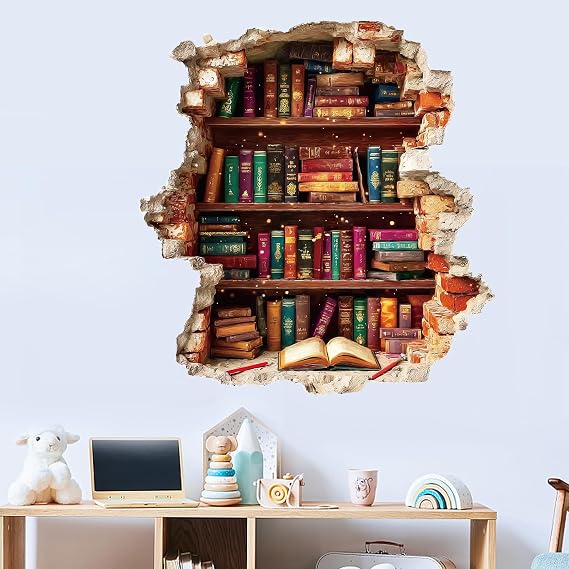 PLIGREAT 3D Book Wall Decals, Vintage Bookshelf Break Through Wall Stickers, Removable Vinyl Mural for Back to School Reading Room Bedroom Living Room Dorm Decor
