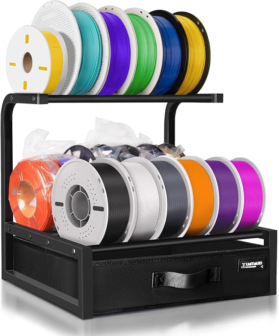 3D Printer Filament Storage Rack with Fabric Drawer for Bambu Lab A1/P2S,Flashforge AD5X/AD5M, Kobra 3 v2/S1, 2-Tier Metal 3D Printer Filament Spool Holder Shelf for PLA/PETG/ABS/TPU Filaments